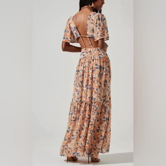 ASTR SEDONA FLORAL BACK CUTOUT MAXI DRESS BLUE CORAL FLORAL SIZE M - Picture 5 of 5